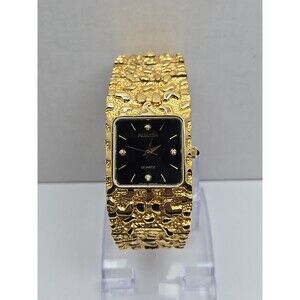 Vintage Austin Quartz Gold Tone Nugget Bracelet Watch Black Dial New Battery